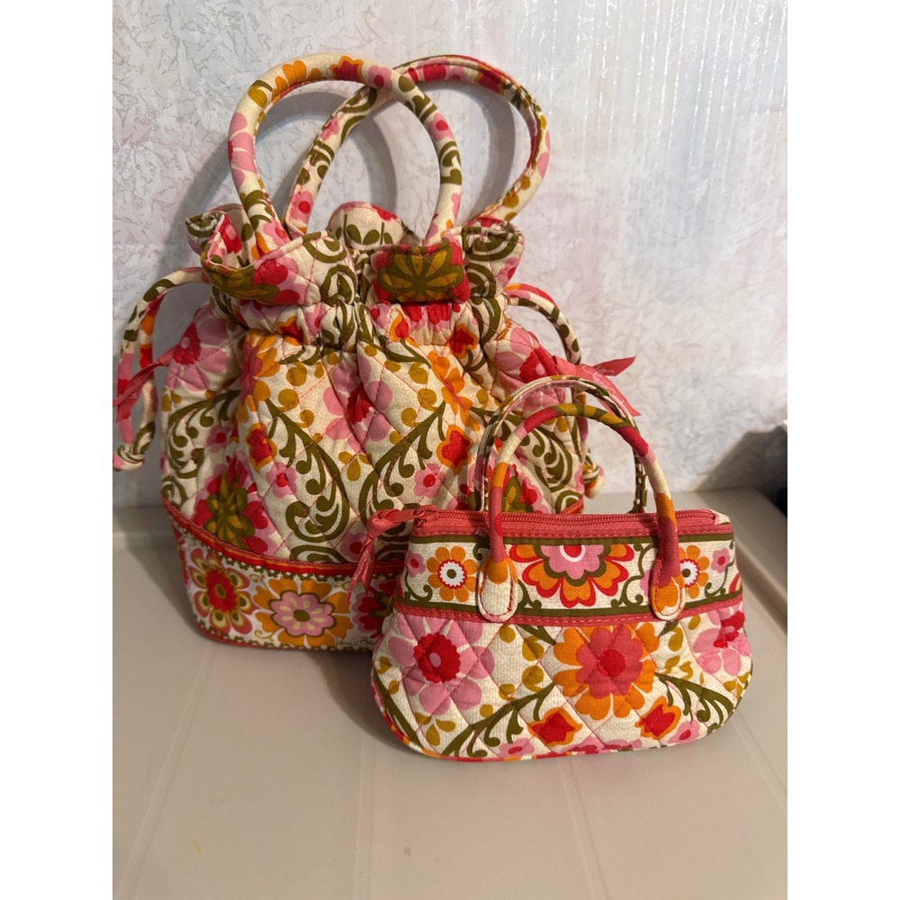 Vera Bradley Quilted Floral Drawstring Bucket Bag and Matching Mini Pouch Set